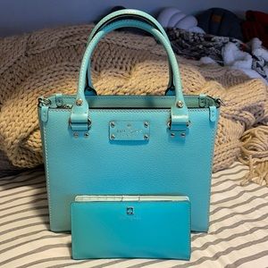 Kate Spade blue green satchel and wallet set